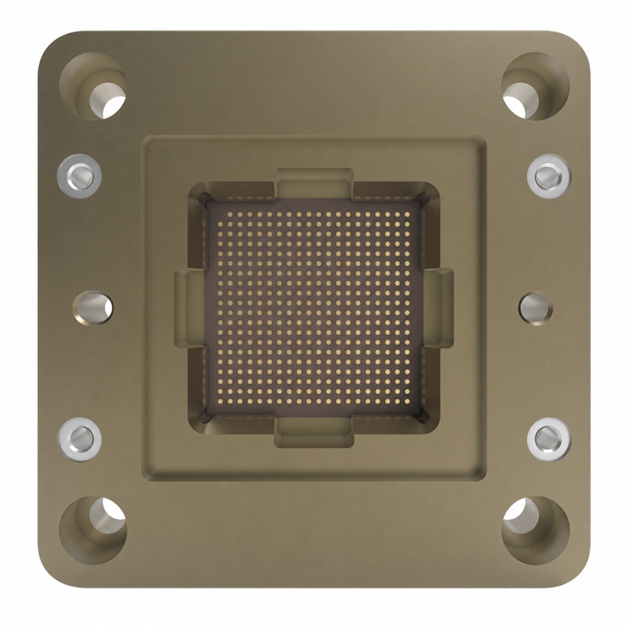 High-density test-pin array under multi-view imaging, with per-pin height and coplanarity measurements overlaid on the array